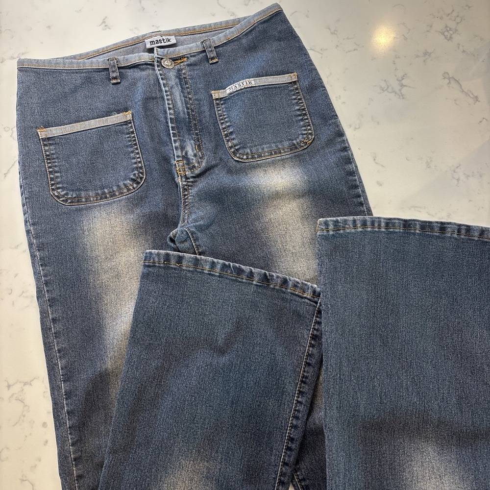 VTG Mastik 90s‎ Y2K Low Rise Flare Jeans Unique Waist Boho Hipster Womens Sz 30
